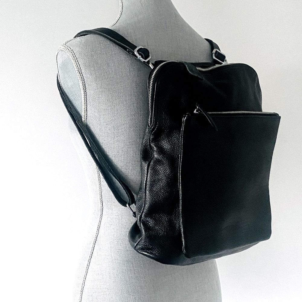 HESHE Black Pebble Leather Three Ways Bag Backpack Crossbody City Minimalist - Picture 3 of 11